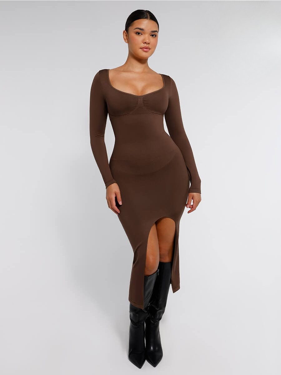 שמלה מחטבת Seamless עם תמיכת חזה חיטוב בטן ושסע גבוה בצד