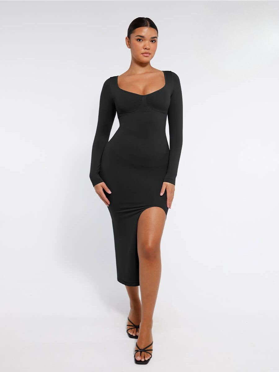 שמלה מחטבת Seamless עם תמיכת חזה חיטוב בטן ושסע גבוה בצד