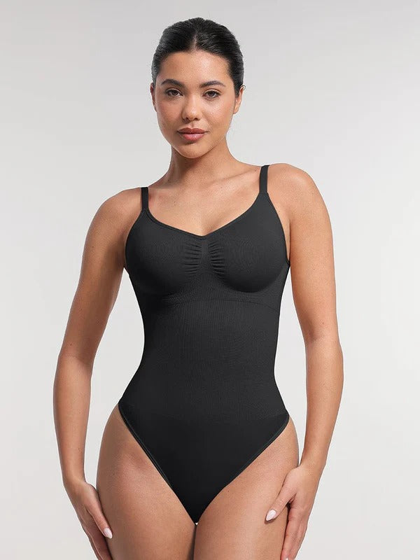 בגד גוף חוטיני מחטב Seamless ללא צורך בחזייה עם כתפיות דקות חיטוב בטן וקאפים נשלפים