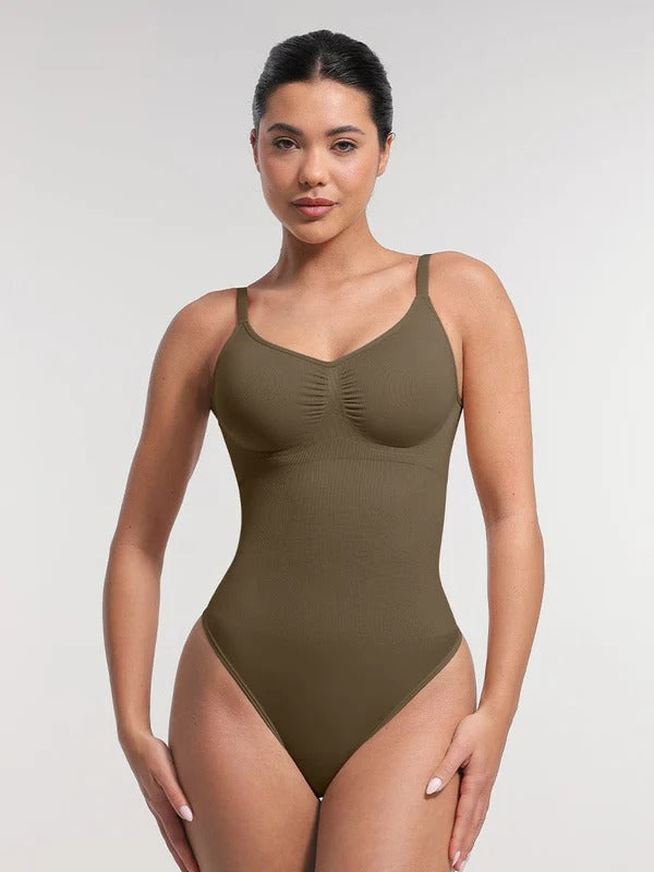 בגד גוף חוטיני מחטב Seamless ללא צורך בחזייה עם כתפיות דקות חיטוב בטן וקאפים נשלפים