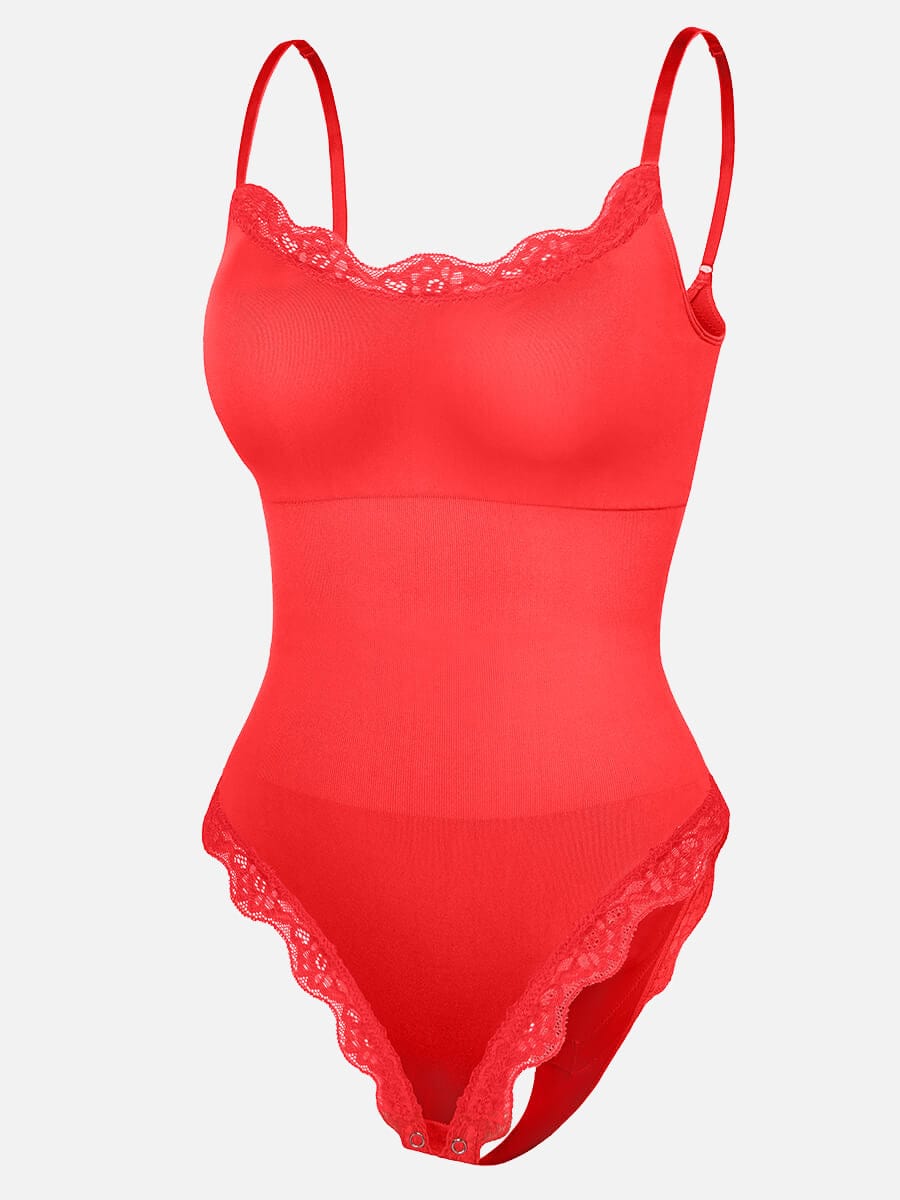 בגד גוף חוטיני Seamless עם תחרה כתפיות דקות וחיטוב מותניים ובטן