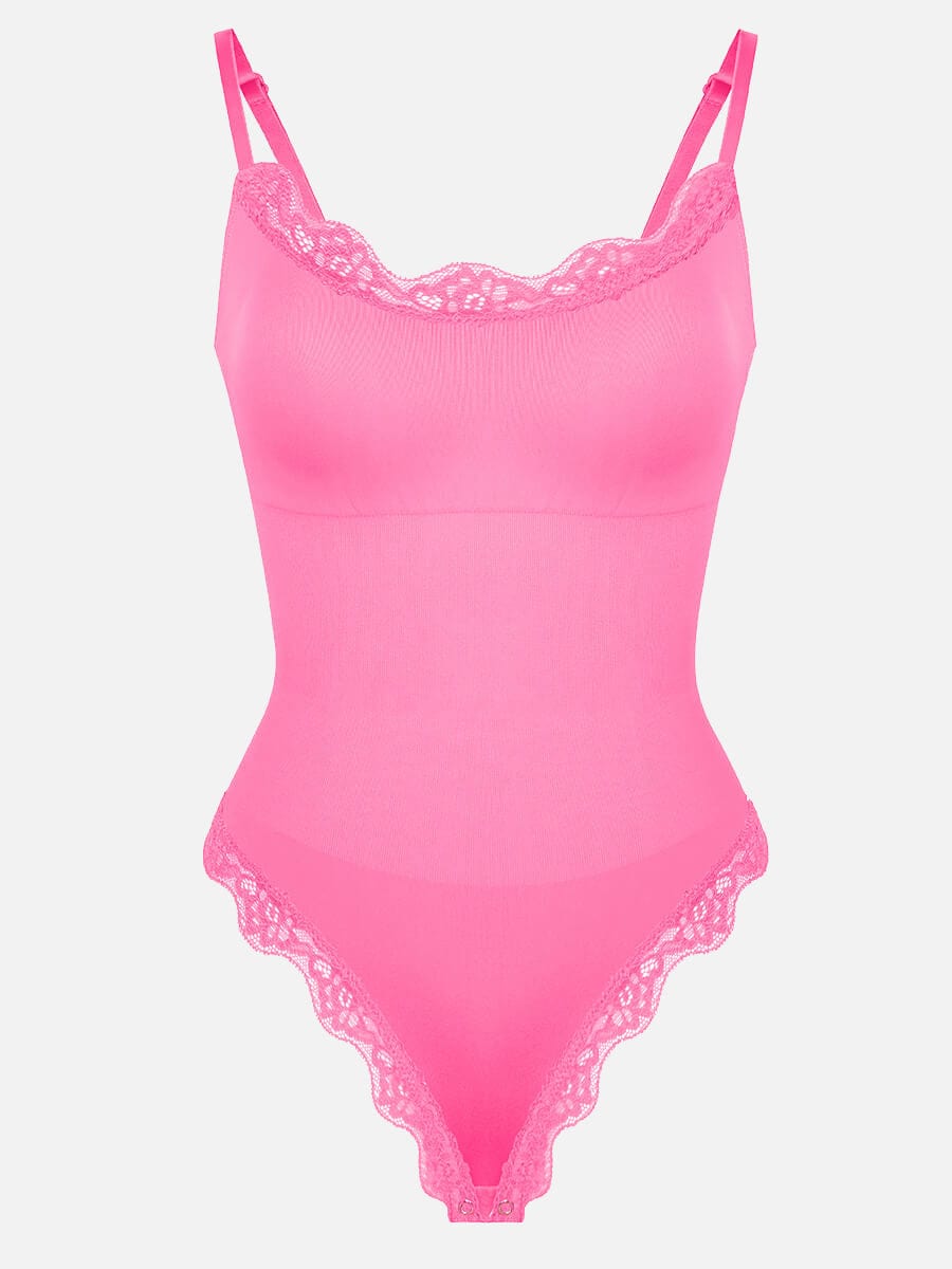 בגד גוף חוטיני Seamless עם תחרה כתפיות דקות וחיטוב מותניים ובטן
