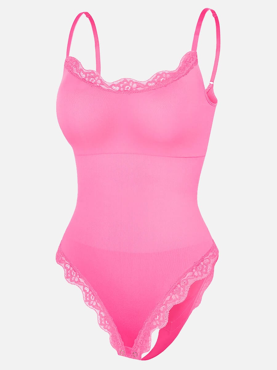 בגד גוף חוטיני Seamless עם תחרה כתפיות דקות וחיטוב מותניים ובטן