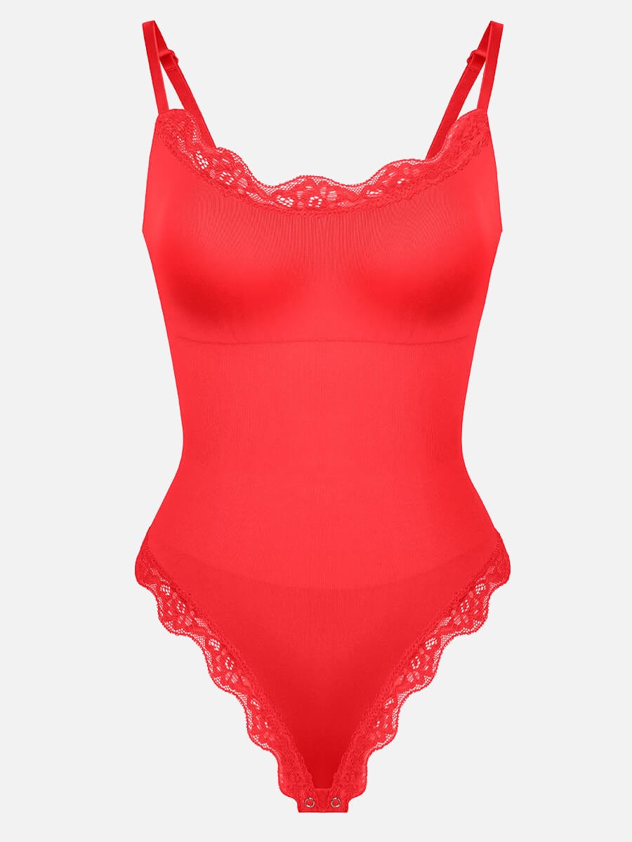 בגד גוף חוטיני Seamless עם תחרה כתפיות דקות וחיטוב מותניים ובטן