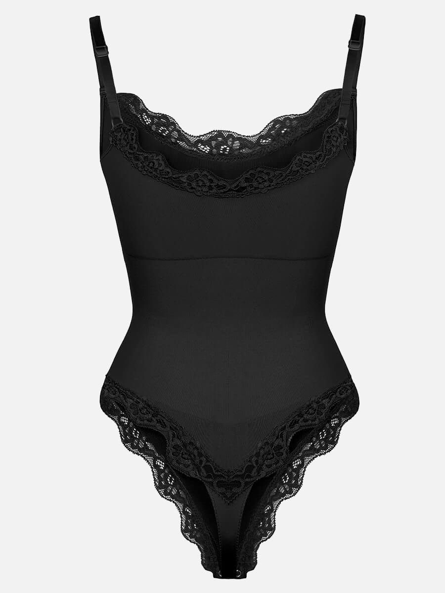 בגד גוף חוטיני Seamless עם תחרה כתפיות דקות וחיטוב מותניים ובטן