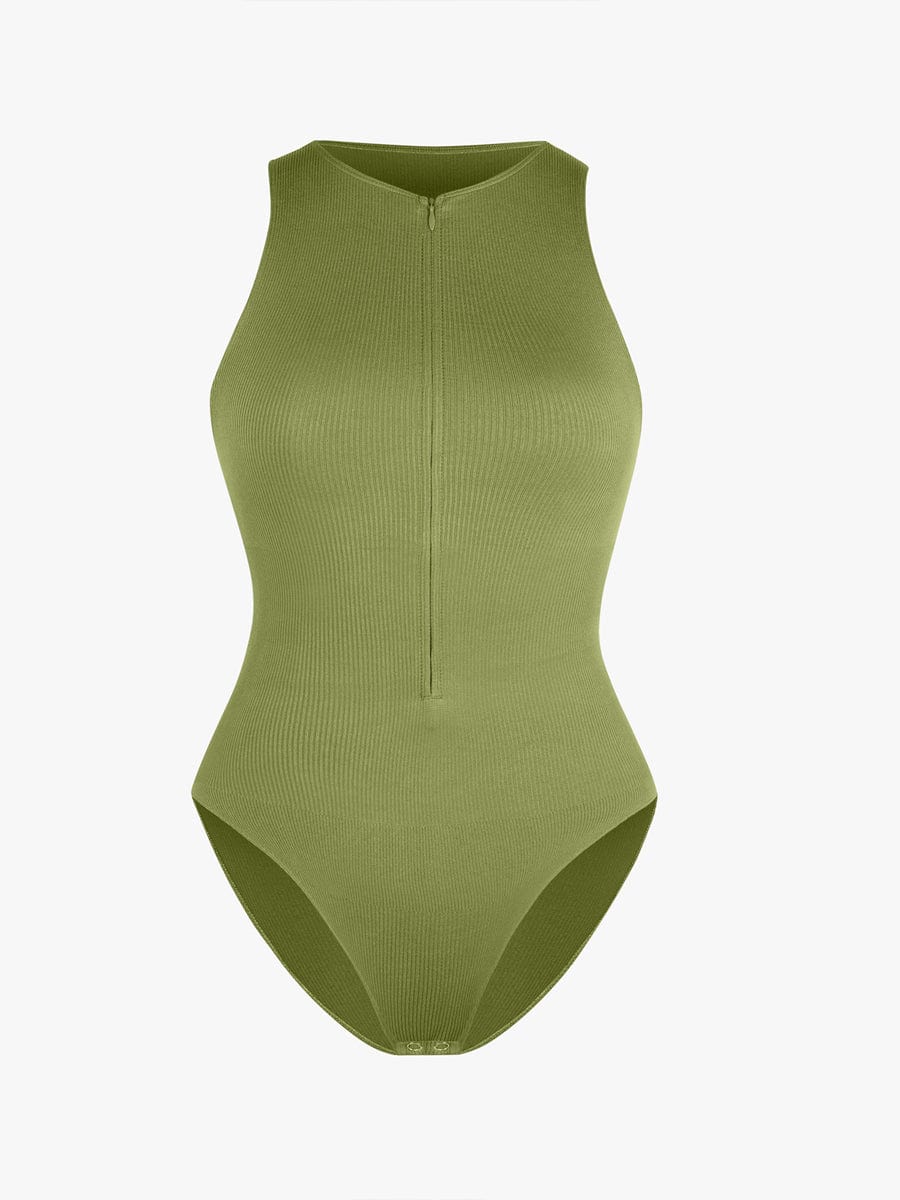 בגד גוף Seamless עם בד ריב רוכסן קדמי ותחתון בגזרה קלאסית