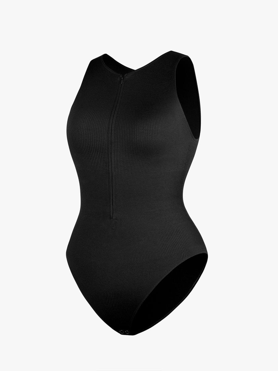 בגד גוף Seamless עם בד ריב רוכסן קדמי ותחתון בגזרה קלאסית