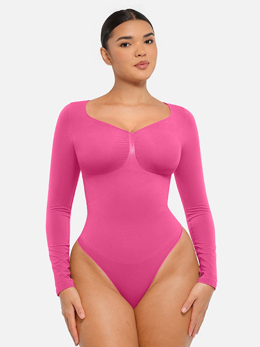 בגד גוף חוטיני חלק עם שרוולים ארוכים, תמיכה בחזה וחיטוב הבטן