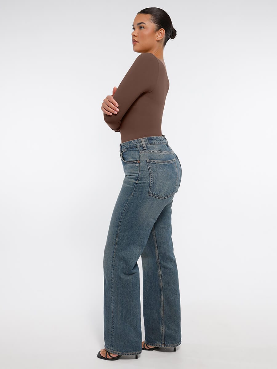 בגד גוף חוטיני חלק עם שרוולים ארוכים, תמיכה בחזה וחיטוב הבטן