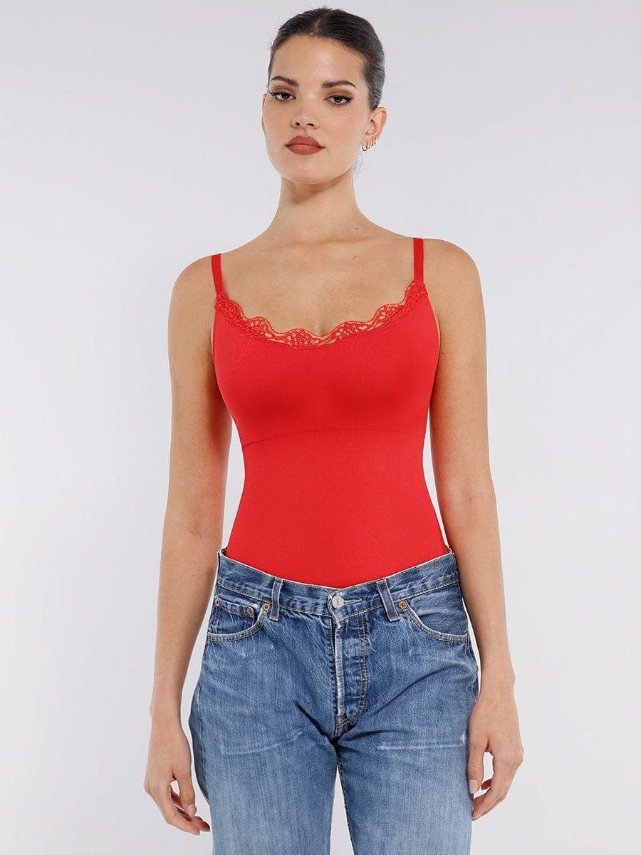 בגד גוף חוטיני Seamless עם תחרה כתפיות דקות וחיטוב מותניים ובטן
