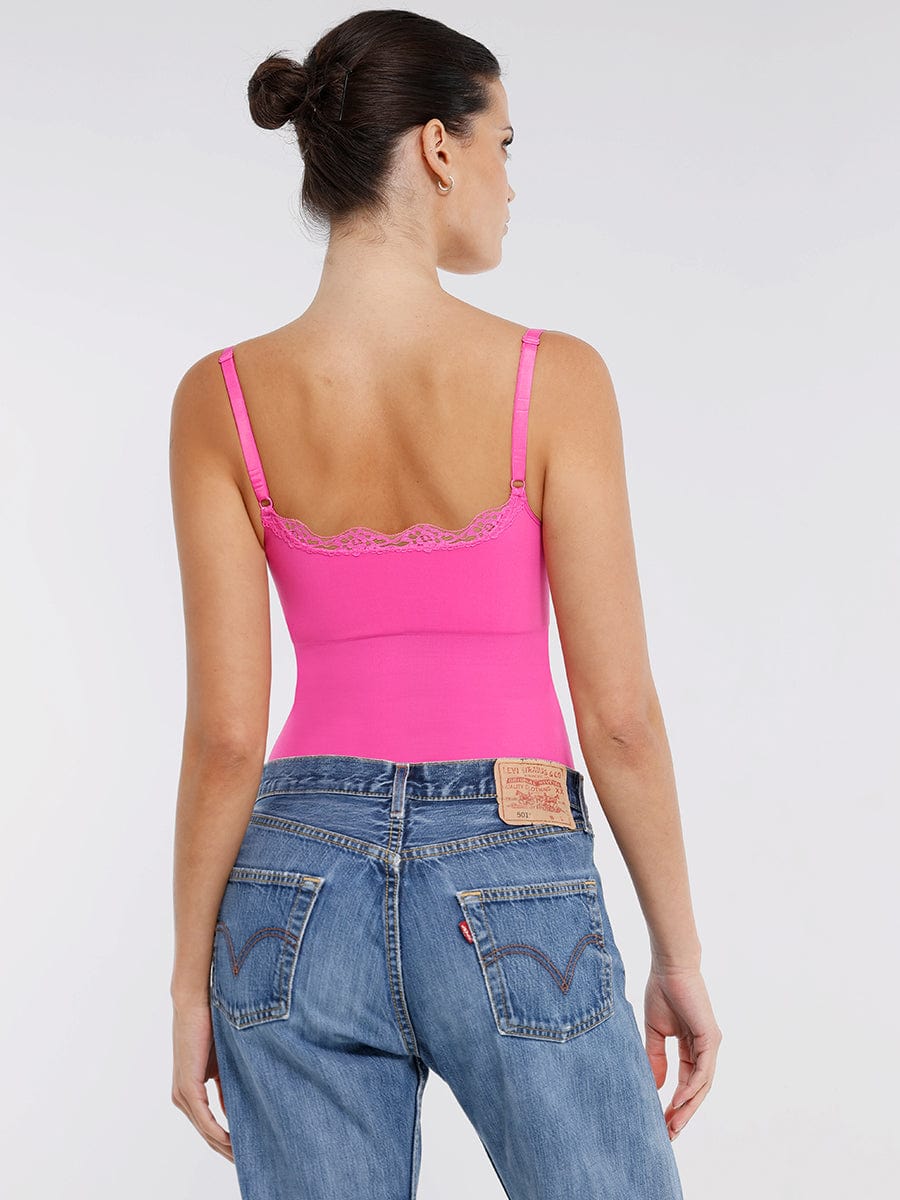 בגד גוף חוטיני Seamless עם תחרה כתפיות דקות וחיטוב מותניים ובטן