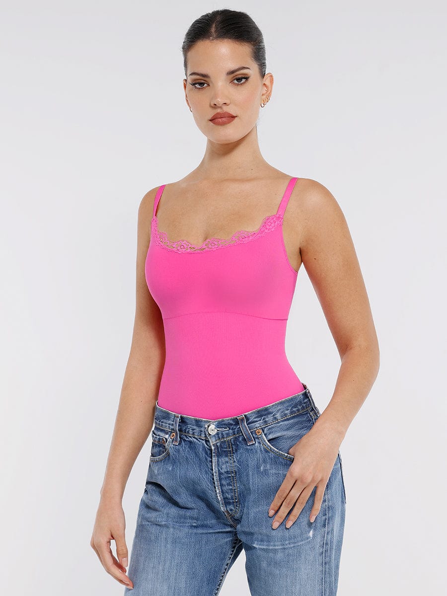 בגד גוף חוטיני Seamless עם תחרה כתפיות דקות וחיטוב מותניים ובטן