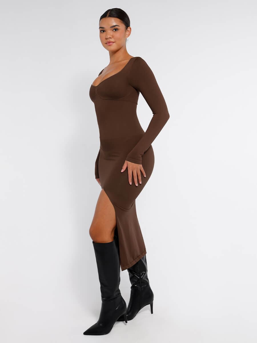 שמלה מחטבת Seamless עם תמיכת חזה חיטוב בטן ושסע גבוה בצד